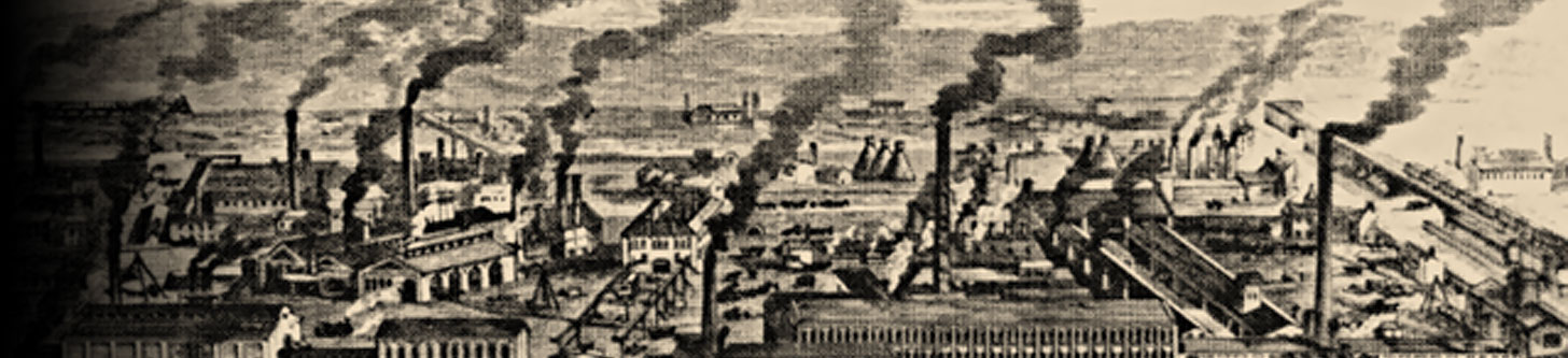 An historical drawing depicting several industrial smokestacks spewing smoke into the air